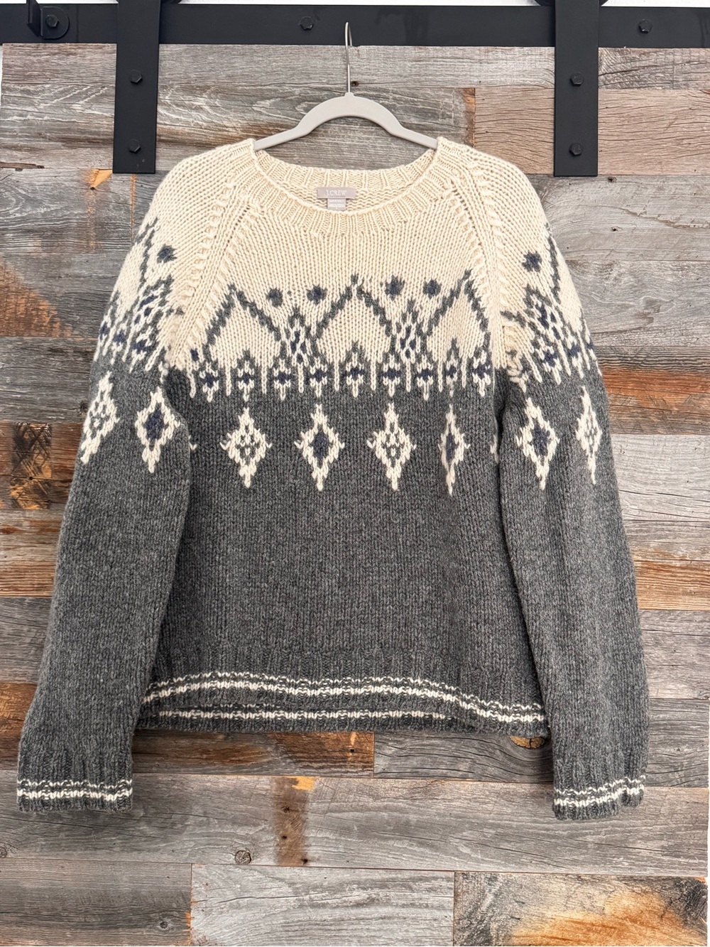 J. Crew Hand Knit 100% Wool Nordic Fair Isle Crewneck Sweater Vintage 90s Chunky
